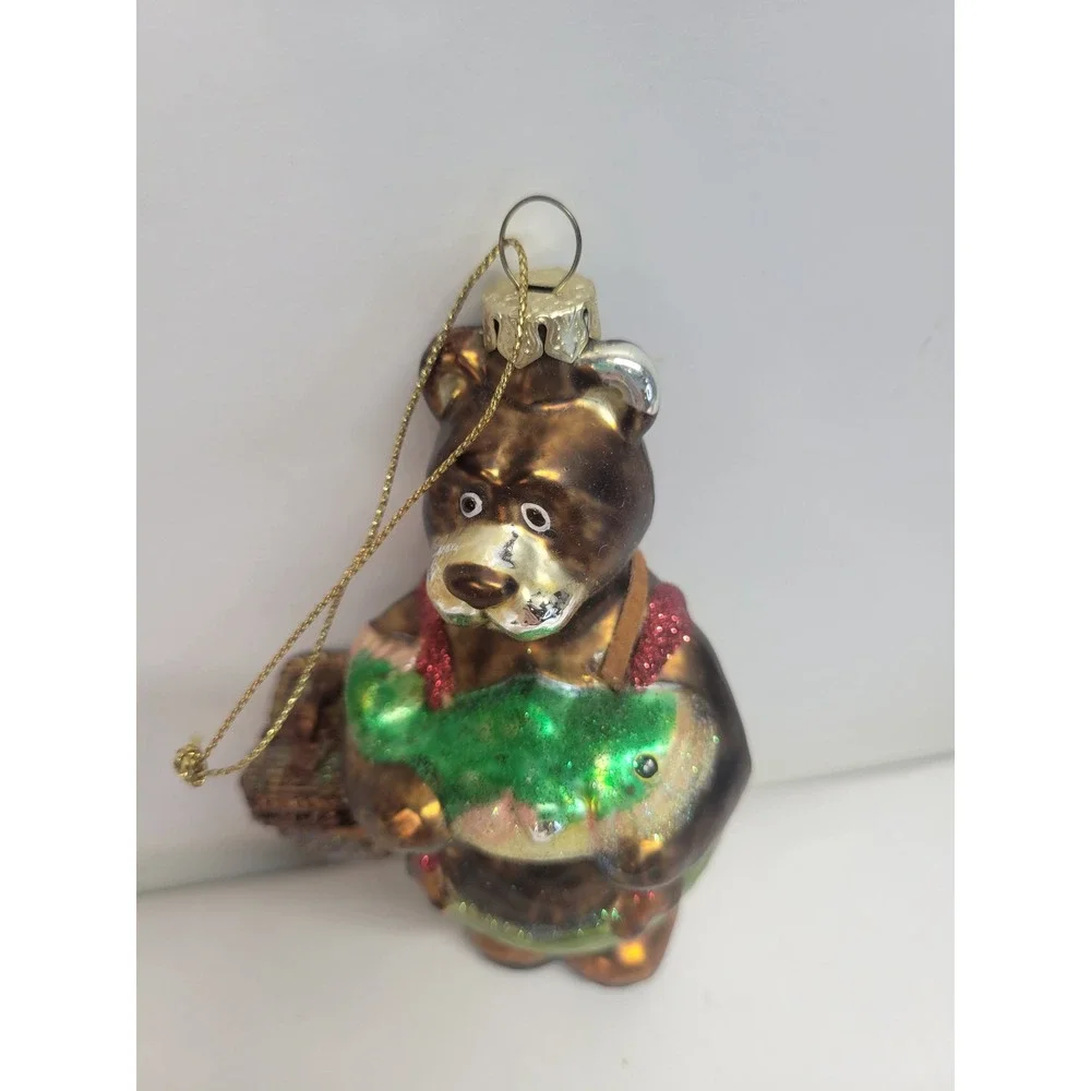 Glass Bear Fisherman Ornament with Fish and‎ Basket Holiday Decor